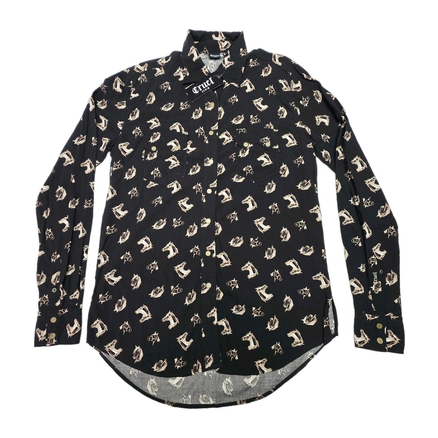 Cruel Denim Shirt Women's S Black Long Sleeve Snap Button Horse Print Western