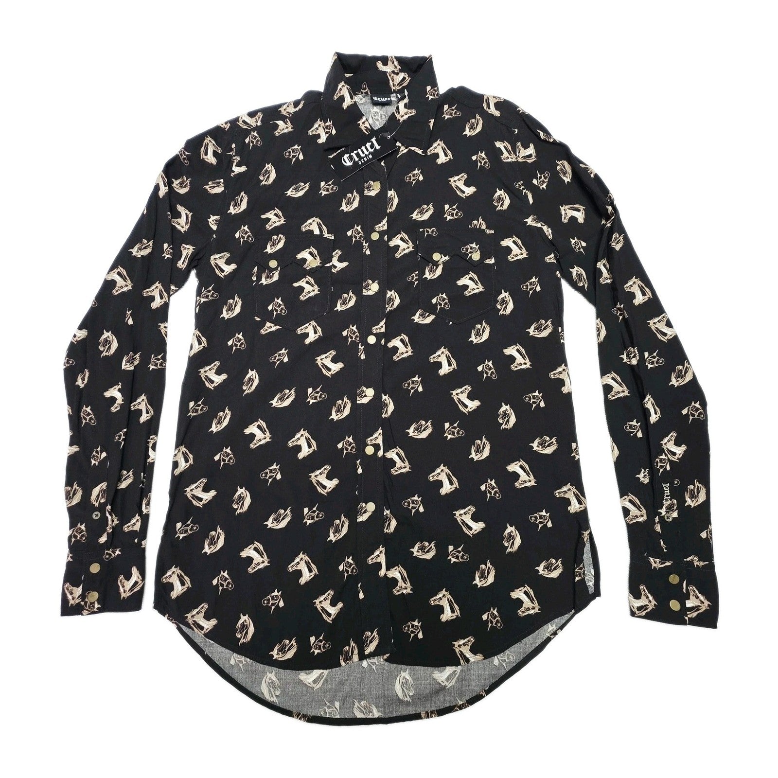 Cruel Denim Shirt Women's S Black Long Sleeve Snap Button Horse Print Western