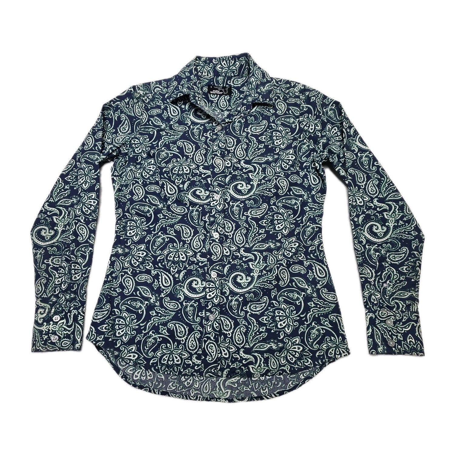 Pure Western Shirt Women's 8 Blue Long Sleeve Button Up Paisley Cotton Top