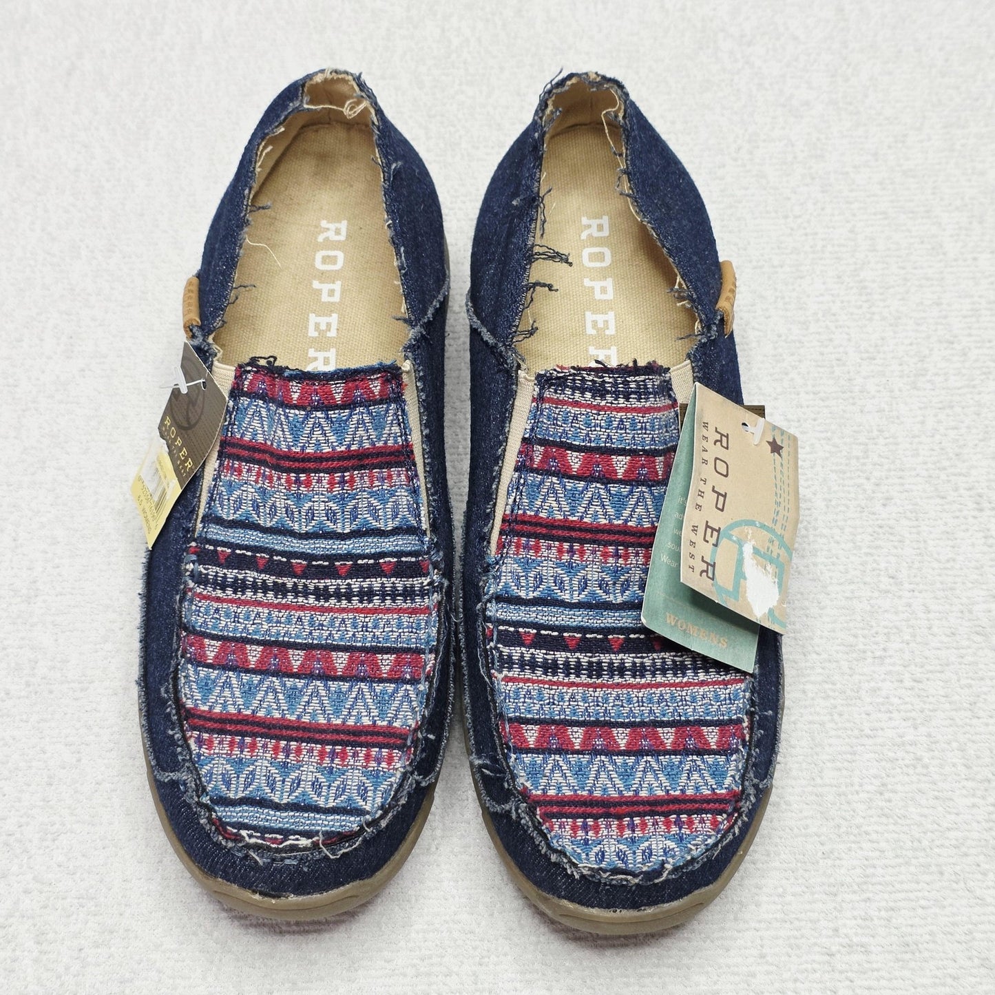 Roper Moccasin Shoes Women's AU 6.5 Blue Denim Geometric Embroidered Flats