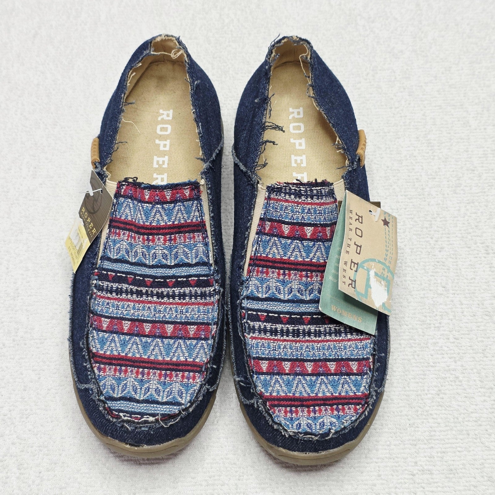Roper Moccasin Shoes Women's AU 6.5 Blue Denim Geometric Embroidered Flats