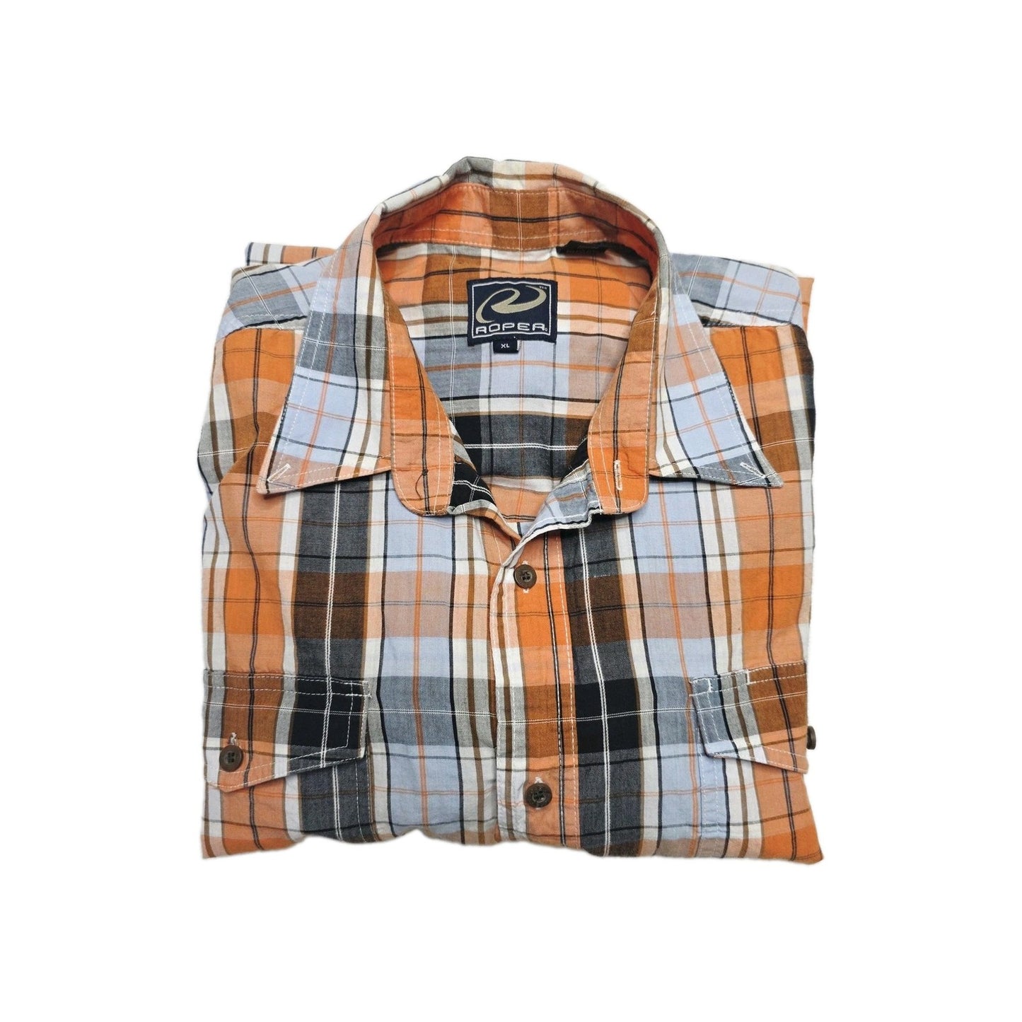 Roper Shirt Mens XL Orange Plaid Long Sleeve Button Up Western Cowboy Cotton