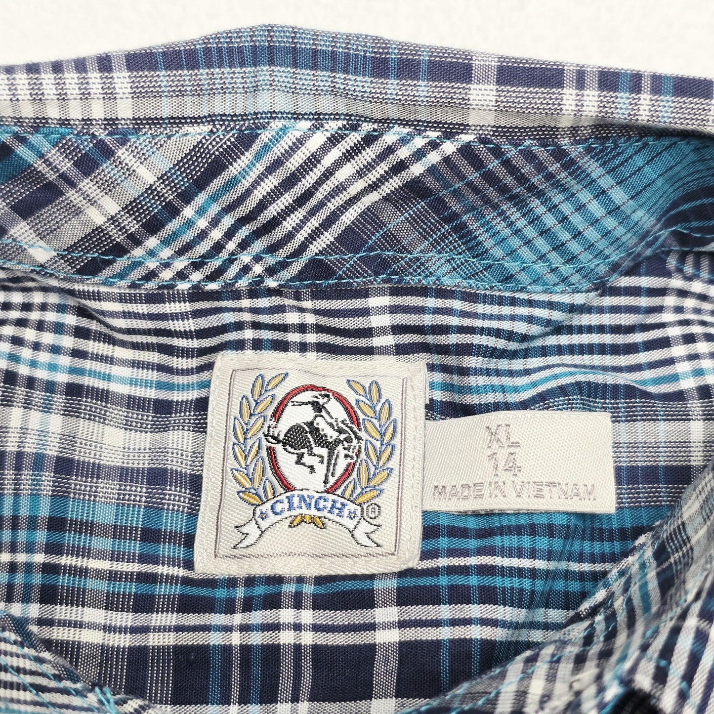 Cinch Shirt Boys XL 14 Blue Plaid Long Sleeve Button Up Cotton Western Logo