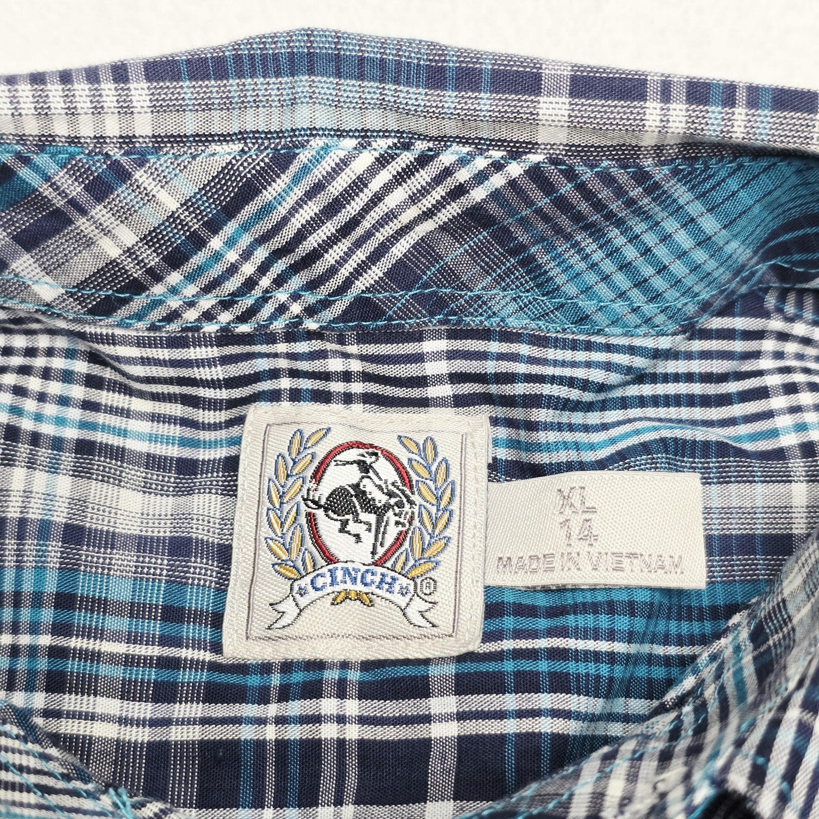 Cinch Shirt Boys XL 14 Blue Plaid Long Sleeve Button Up Cotton Western Logo