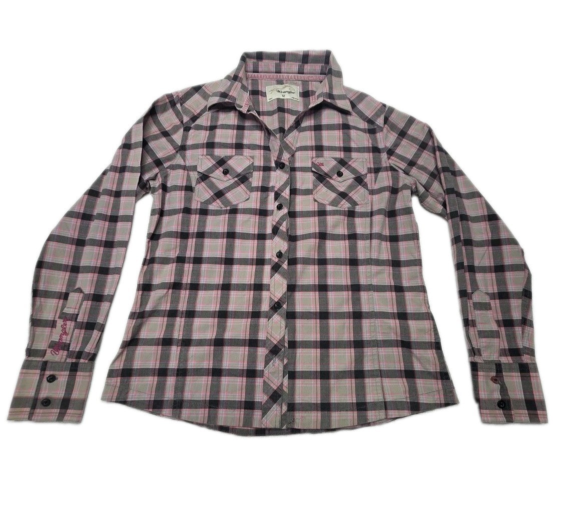 Wrangler Shirt Womens 12 Multicolour Pink Grey Plaid Button Up Long Sleeve