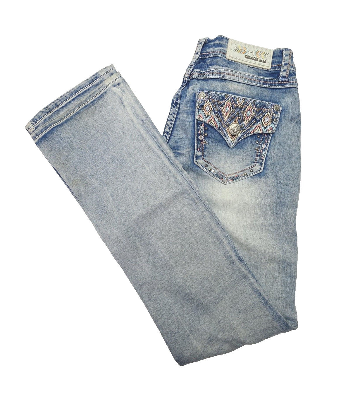 Grace In LA Jeans Women's 27 Blue Bootcut Embroidered Rhinestone Denim Pockets