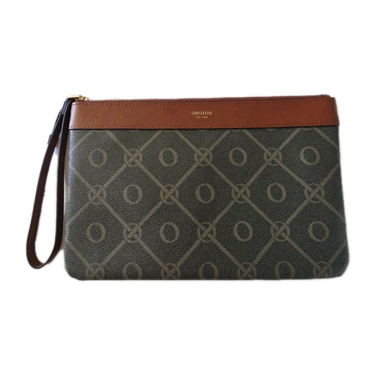 Oroton Harvey Signature Medium Zip Pouch Black/Cognac NEW