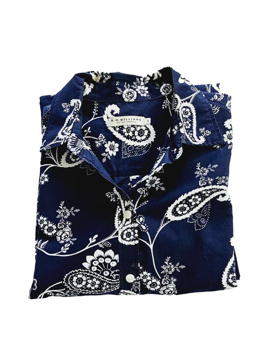 R.M. Williams Navy Floral Cotton Silk Shirt Ladies Size 6