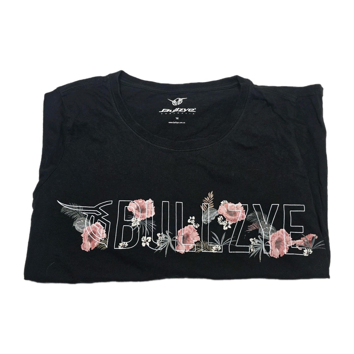 Bullzye T-Shirt Women's 14 Black Floral Graphic Logo Cotton Crew Neck Top