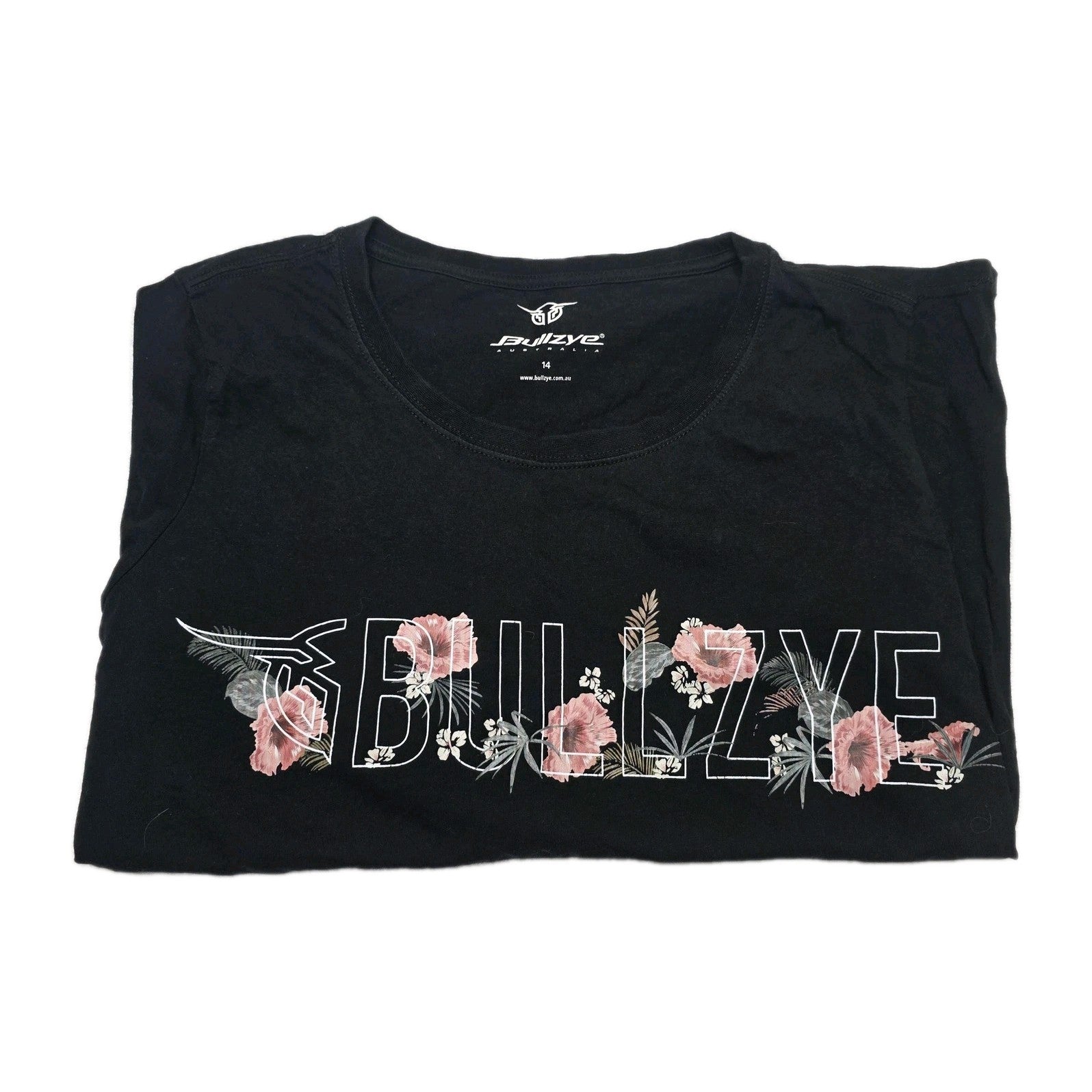 Bullzye T-Shirt Women's 14 Black Floral Graphic Logo Cotton Crew Neck Top