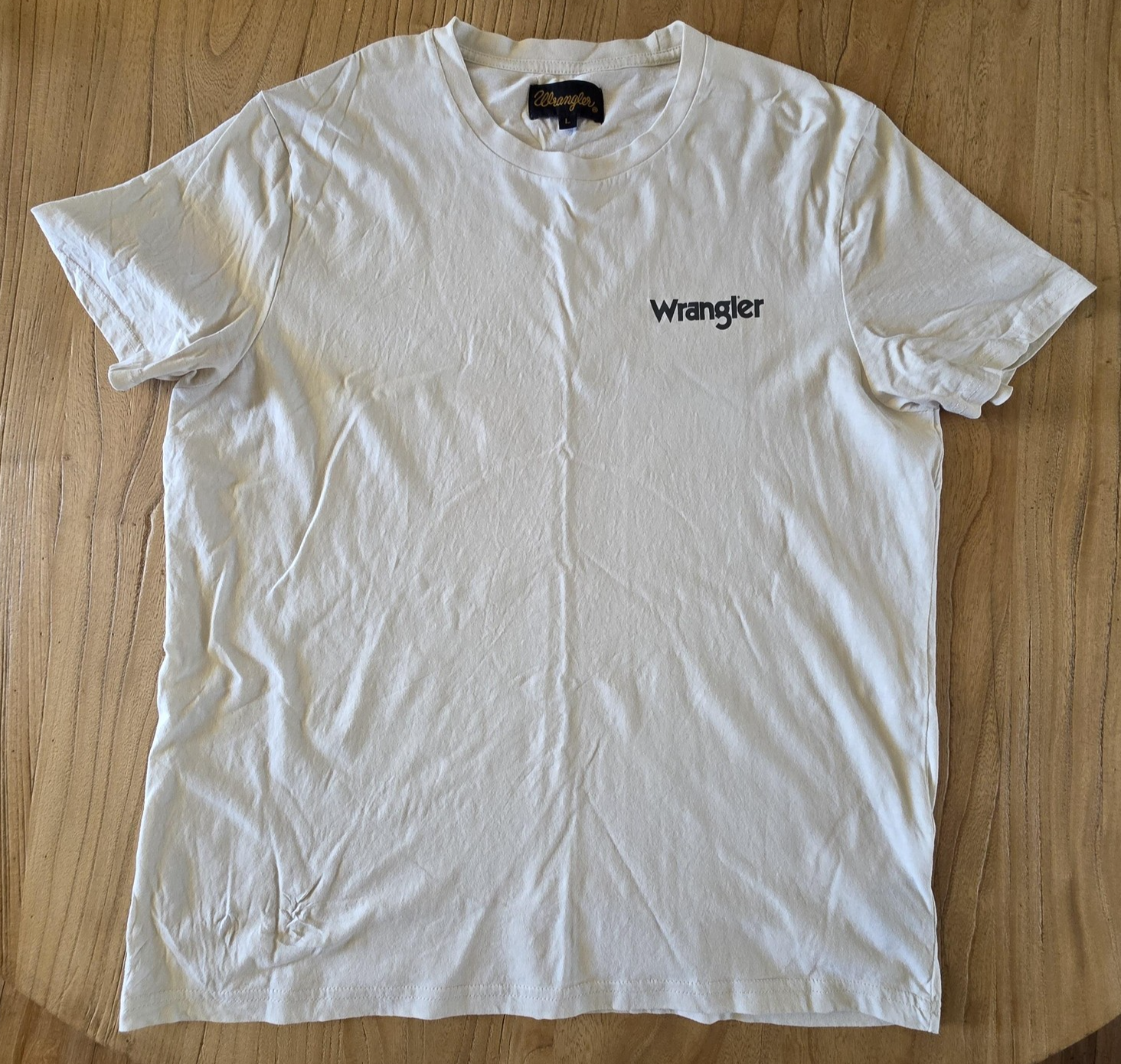 Wrangler Shirt Men's Beige Logo Crew Neck Short Sleeve Cotton Casual Tee Large