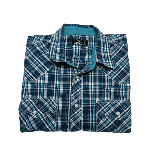 Pure Western Shirt Mens L Blue Plaid Long Sleeve Snap Front Western Cotton