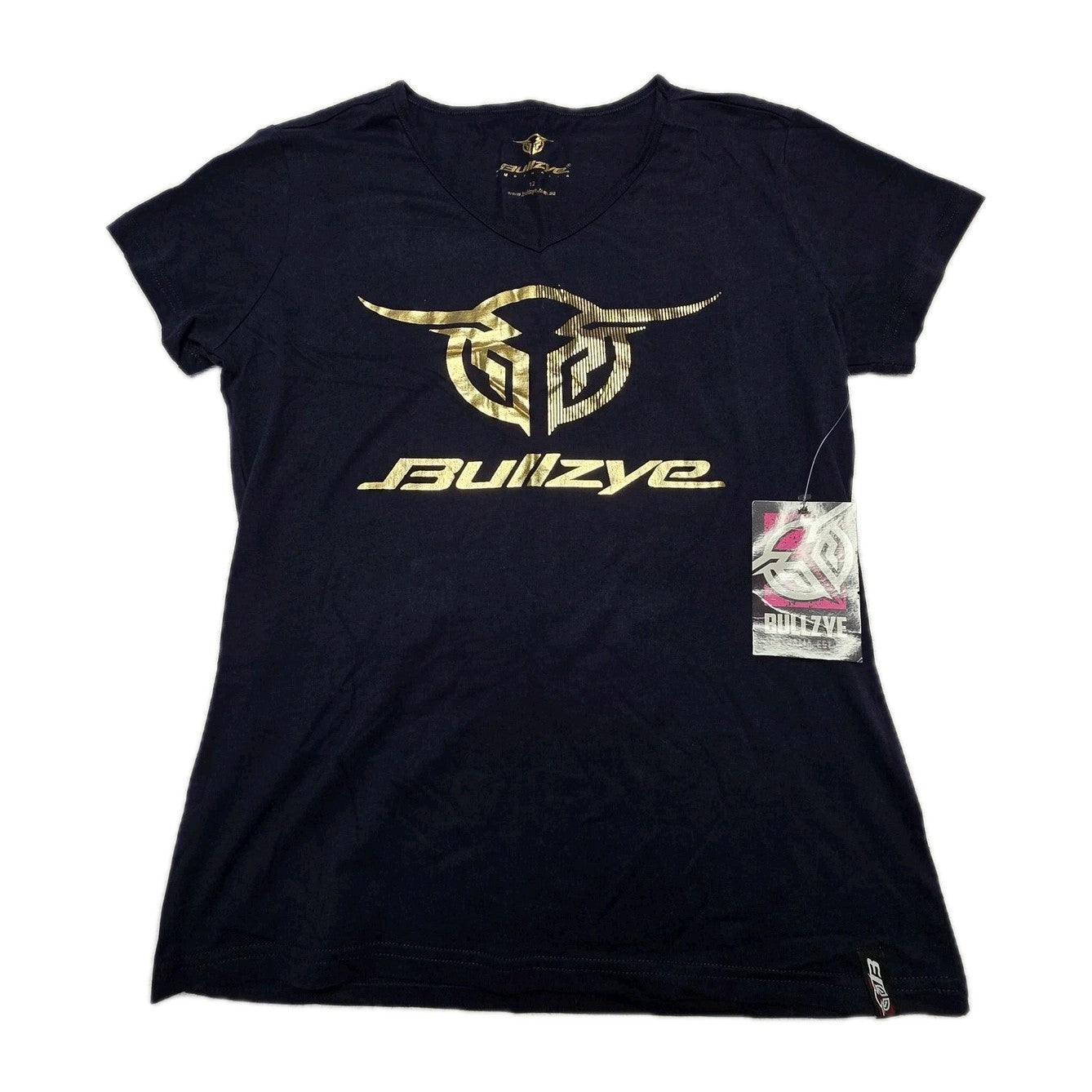 Bullzye T-Shirt Women's 12 Navy Short Sleeve V Neck Logo Cotton Casual Top