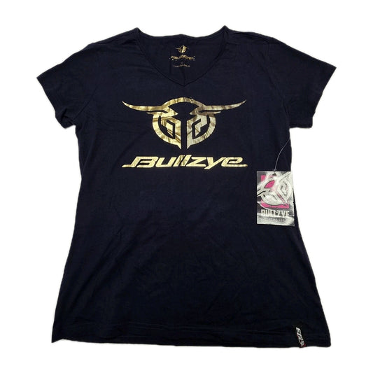 Bullzye T-Shirt Women's 12 Navy Short Sleeve V Neck Logo Cotton Casual Top