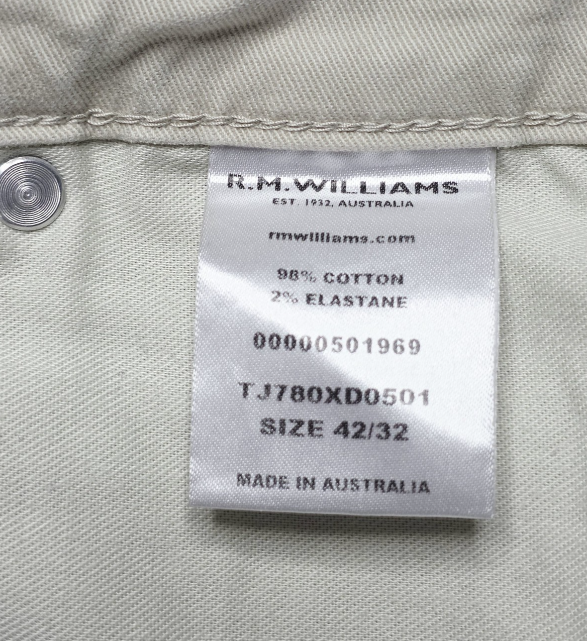 R.M. Williams Pants Men's 42x32 Beige Chino Twill Cotton Casual Straight Leg