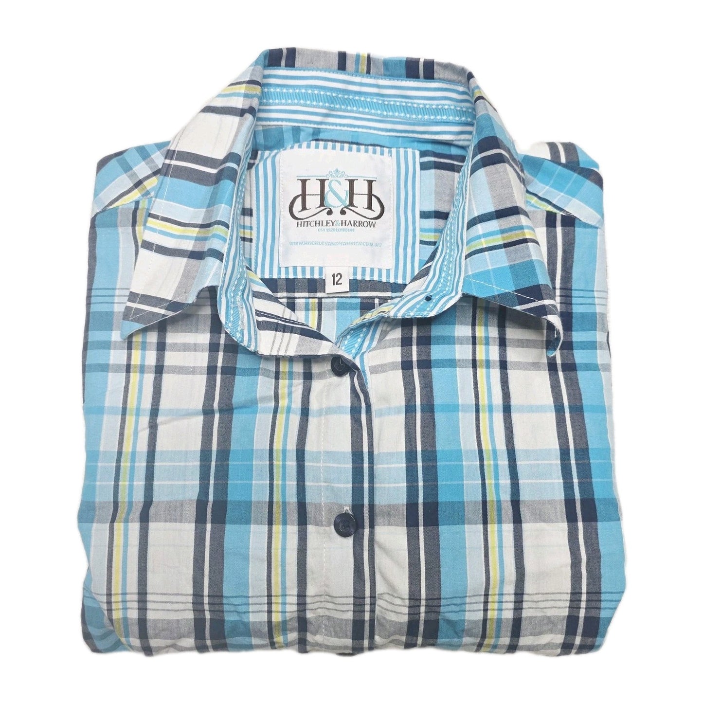 Hitchley & Harrow Shirt Women's 12 Blue Long Sleeve Button Up Plaid Cotton