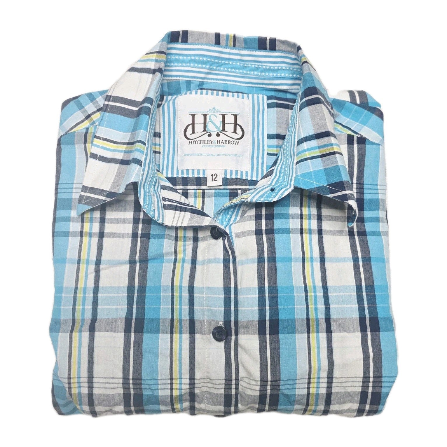 Hitchley & Harrow Shirt Women's 12 Blue Long Sleeve Button Up Plaid Cotton