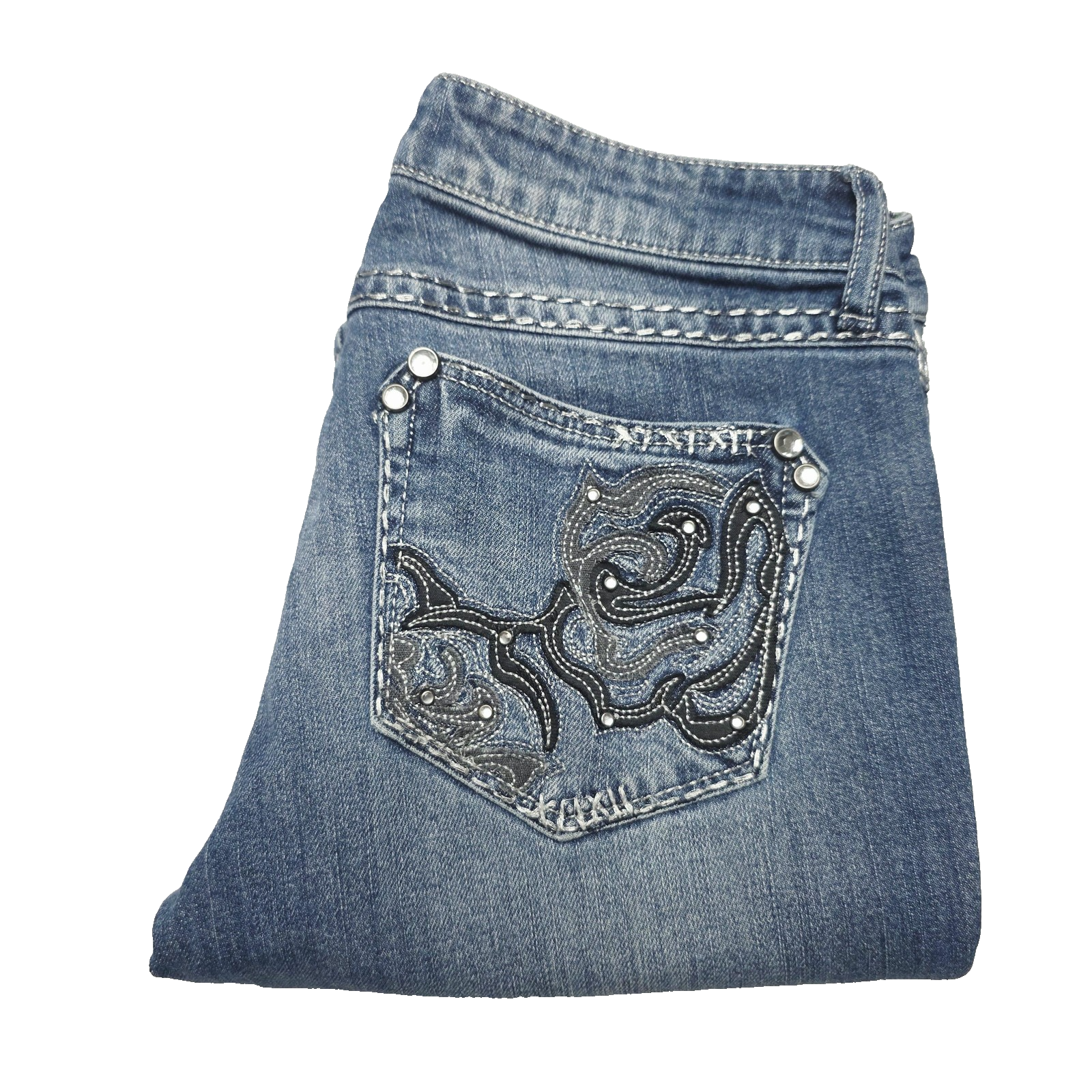 Rock 47 By Wrangler Jeans Blue Bootcut Stretch Denim Rose Embroidered Size 3/34