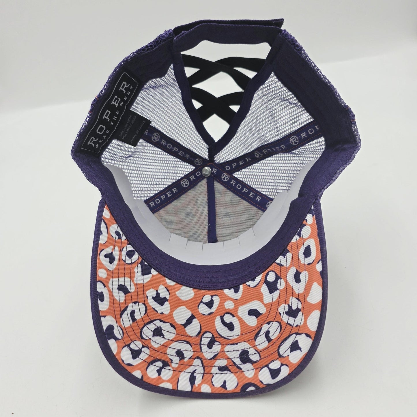 Roper Womens Trucker Cap Hat One Size Purple Orange Leopard Print Mesh Ponytail