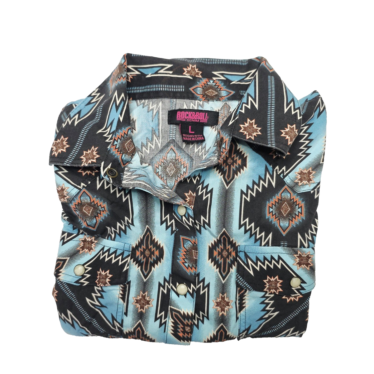 Rock & Roll Denim Shirt Women's L Blue Long Sleeve Snap Button Up Aztec Western