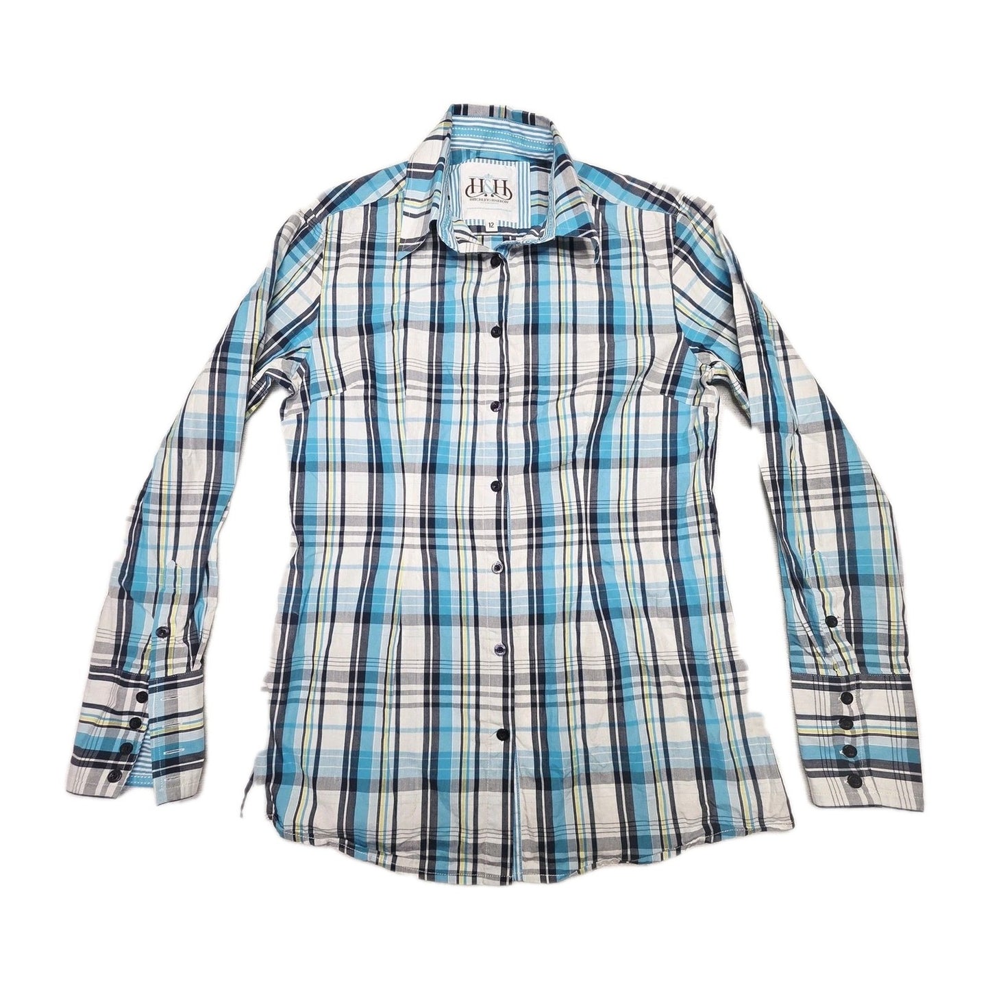 Hitchley & Harrow Shirt Women's 12 Blue Long Sleeve Button Up Plaid Cotton