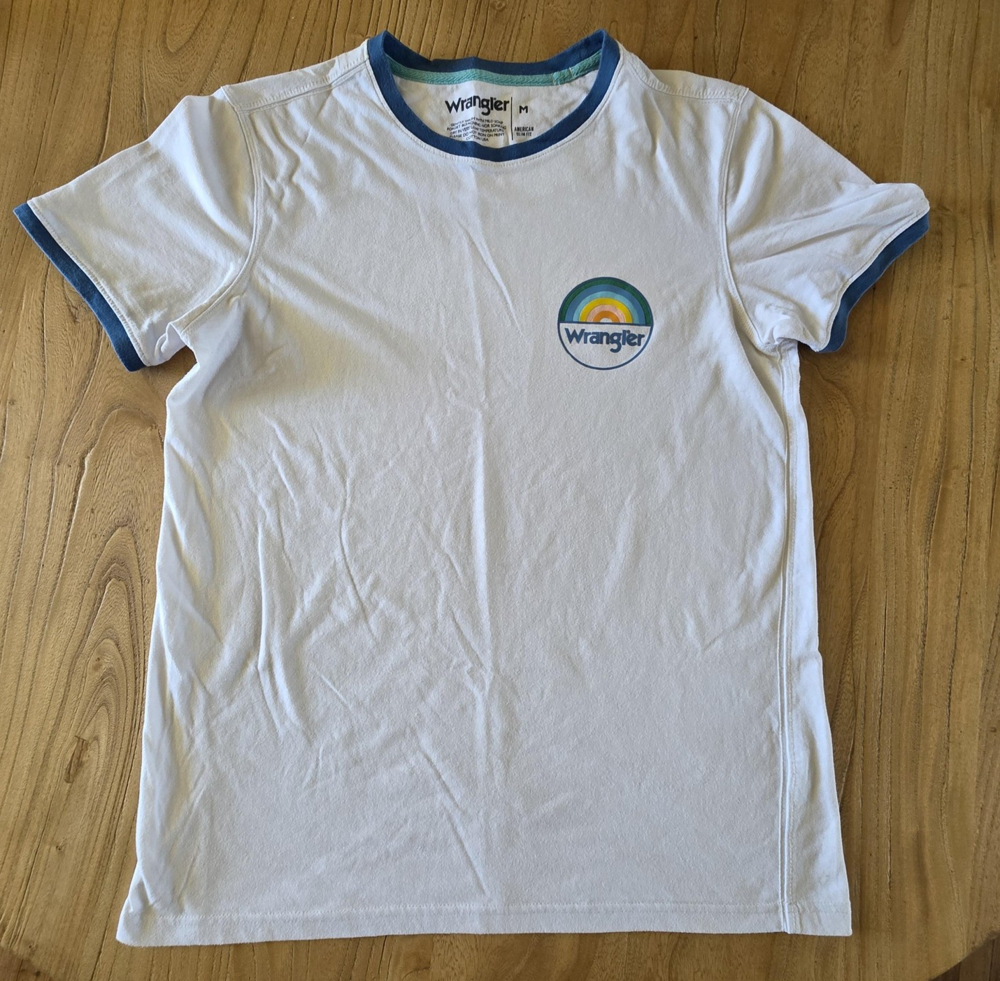 Wrangler Shirt Men's M White Retro Rainbow Logo Ringer American Slim Fit Cotton