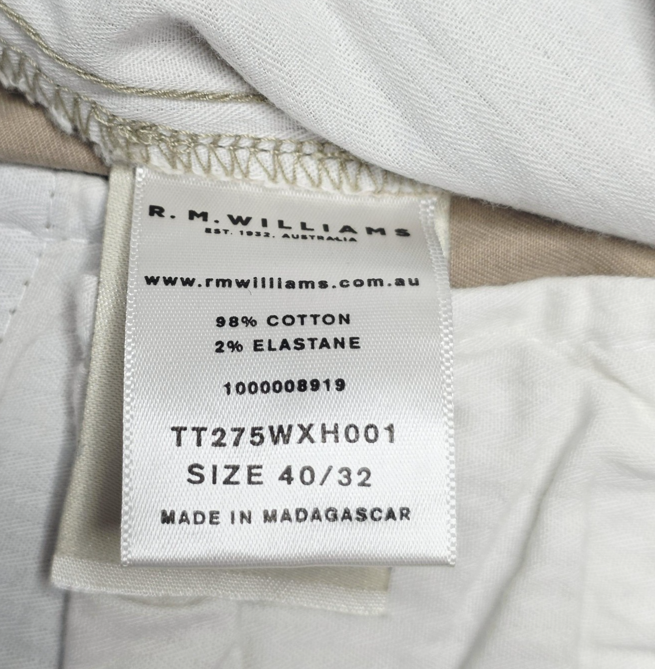 R.M. Williams Pants Men's 40x32 Beige Chino Regular Stretch Cotton TT275WXH001