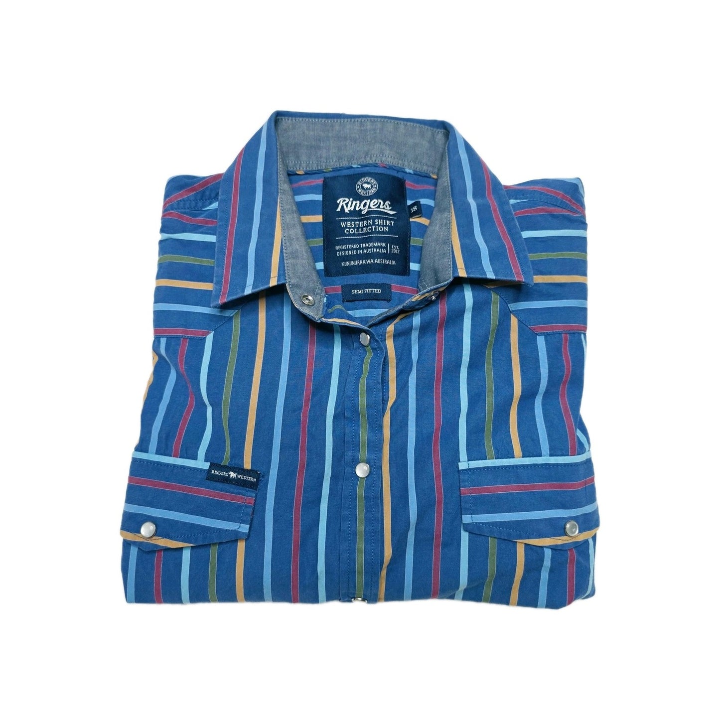 Ringers Western Shirt Women's 18 Blue Striped Long Sleeve Snap Cowboy Cotton