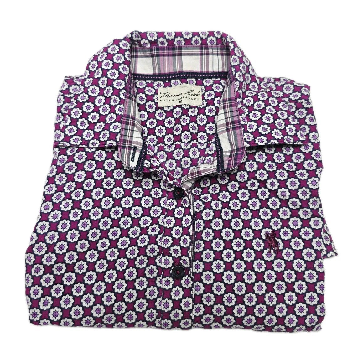Thomas Cook Shirt Womens 10 Purple 100% Cotton Floral Collared Button Up Summer