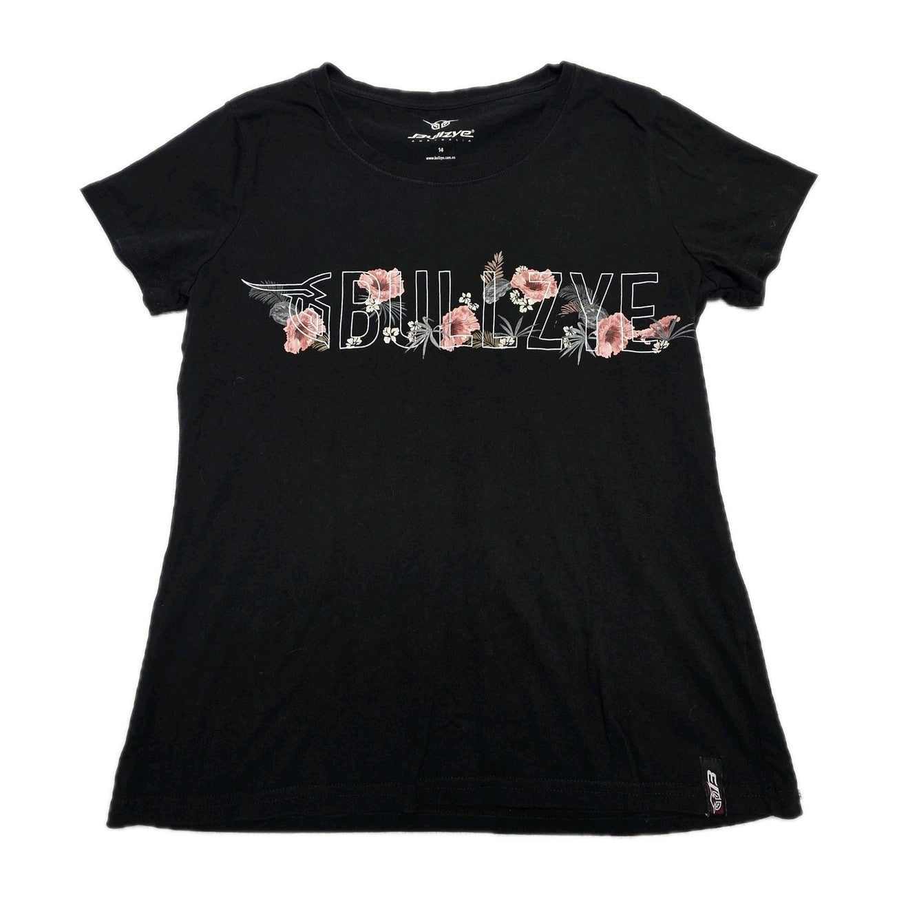 Bullzye T-Shirt Women's 14 Black Floral Graphic Logo Cotton Crew Neck Top