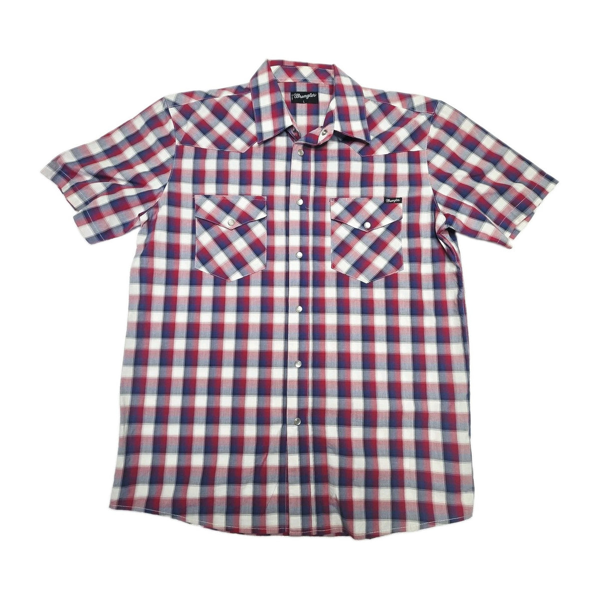 Wrangler Shirt Mens L Red Blue Plaid Short Sleeve Snap Front Western Cotton