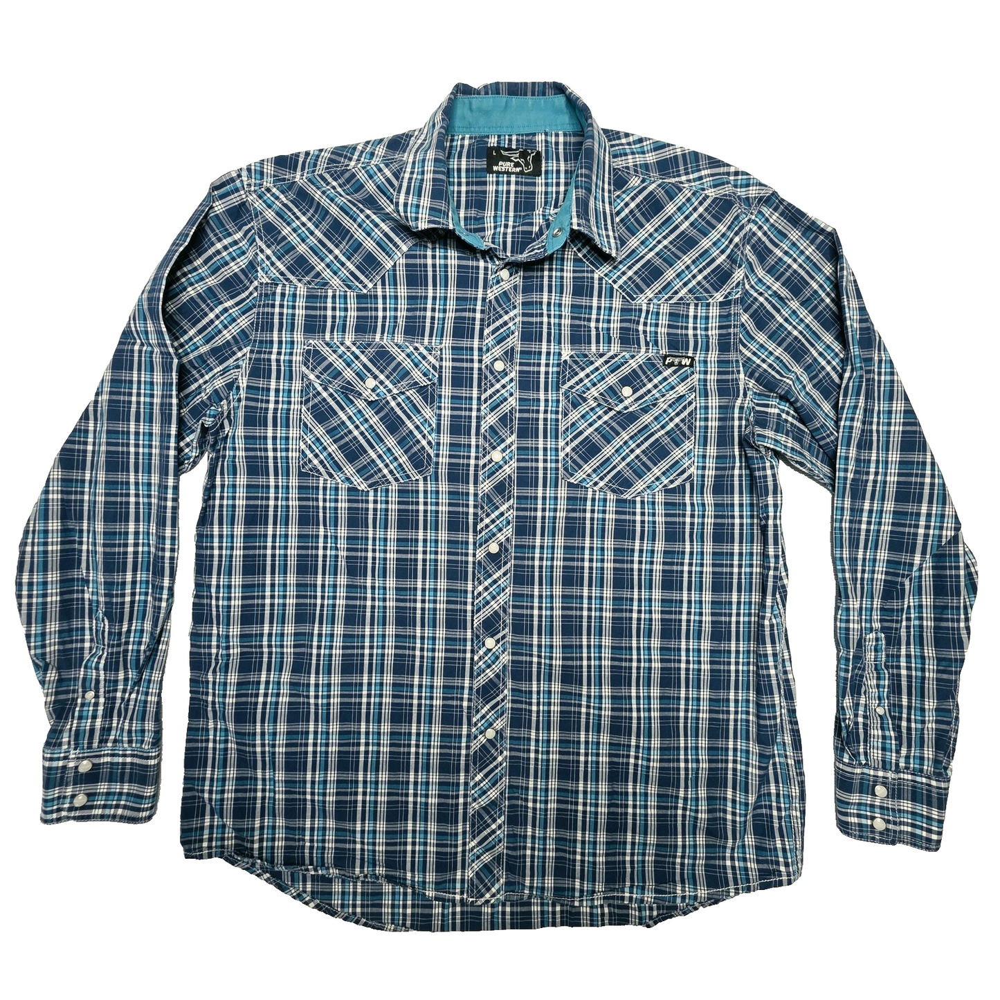 Pure Western Shirt Mens L Blue Plaid Long Sleeve Snap Front Western Cotton