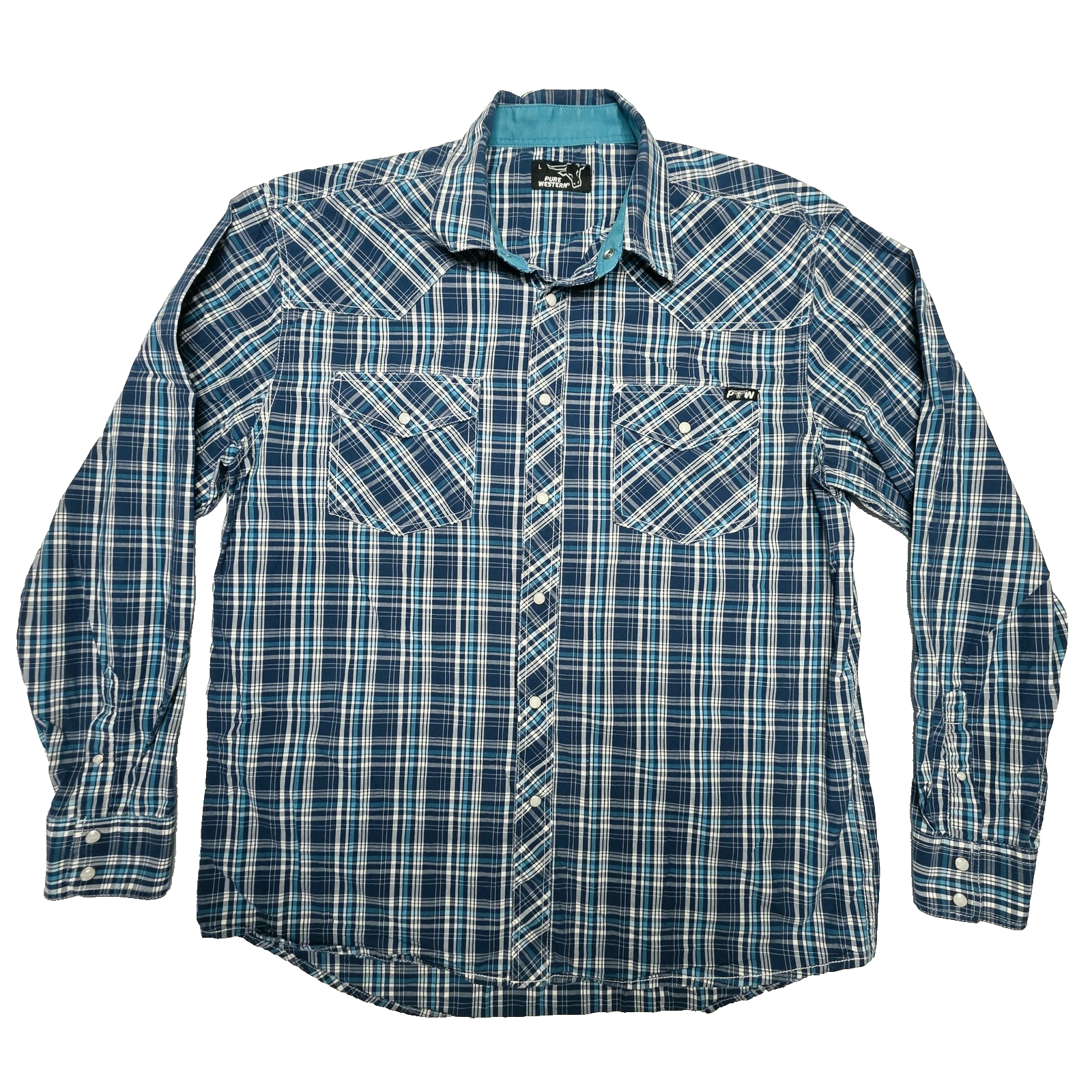 Pure Western Shirt Mens L Blue Plaid Long Sleeve Snap Front Western Cotton