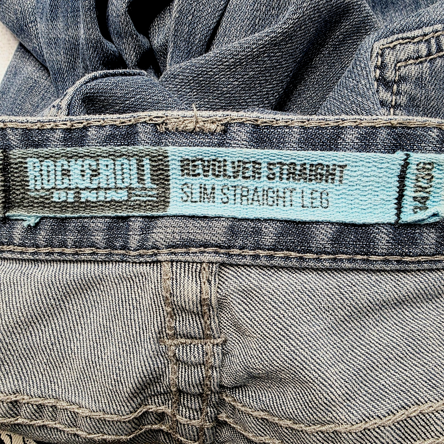 Rock & Roll Cowboy Revolver Straight Jeans Mens 34x36 Blue Slim Straight