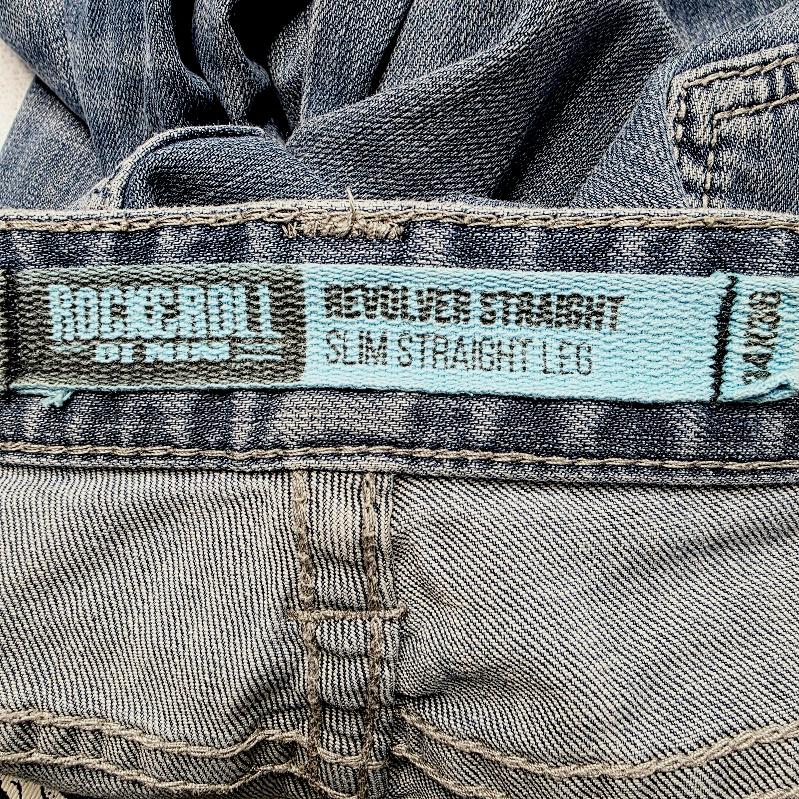 Rock & Roll Cowboy Revolver Straight Jeans Mens 34x36 Blue Slim Straight