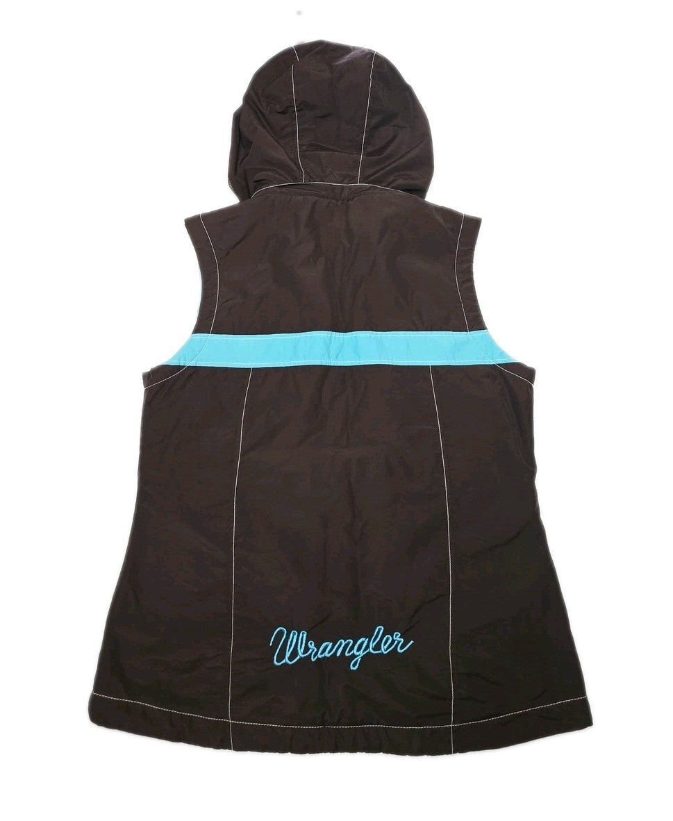 Wrangler Vest Women's L Brown Blue Hooded Fleece Lined Zip Up Pockets Western
