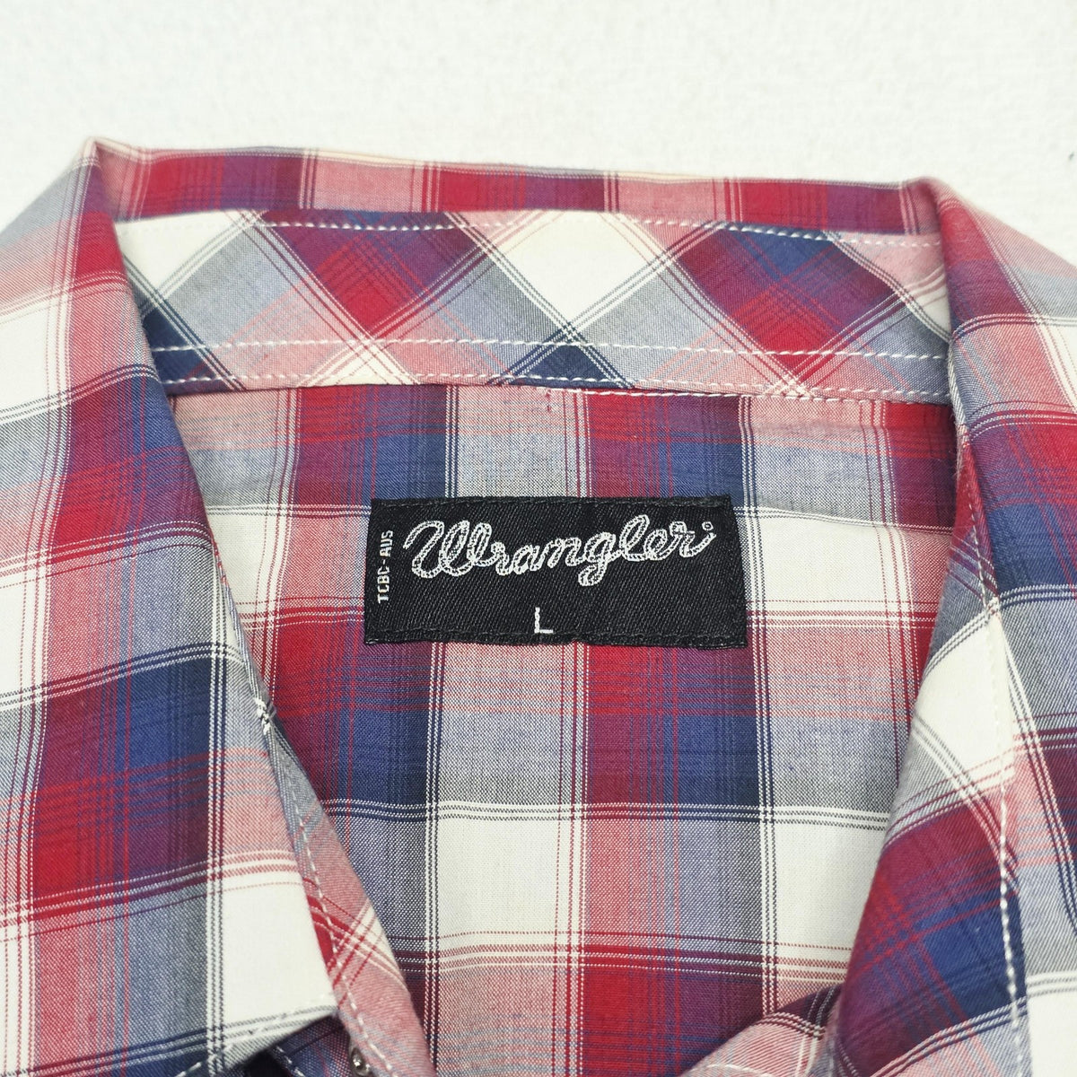 Wrangler Shirt Mens L Red Blue Plaid Short Sleeve Snap Front Western Cotton