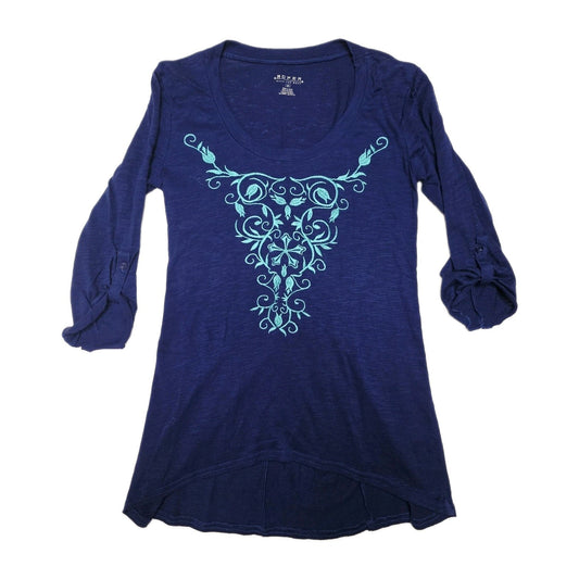 Roper T-Shirt Women's Small Blue 3/4 Sleeve Embroidered Scoop Neck Tunic Top