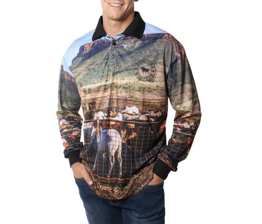 Ringers Western Flicker Unisex Fishing Shirt - Cattle Yard Print - Size 3XL