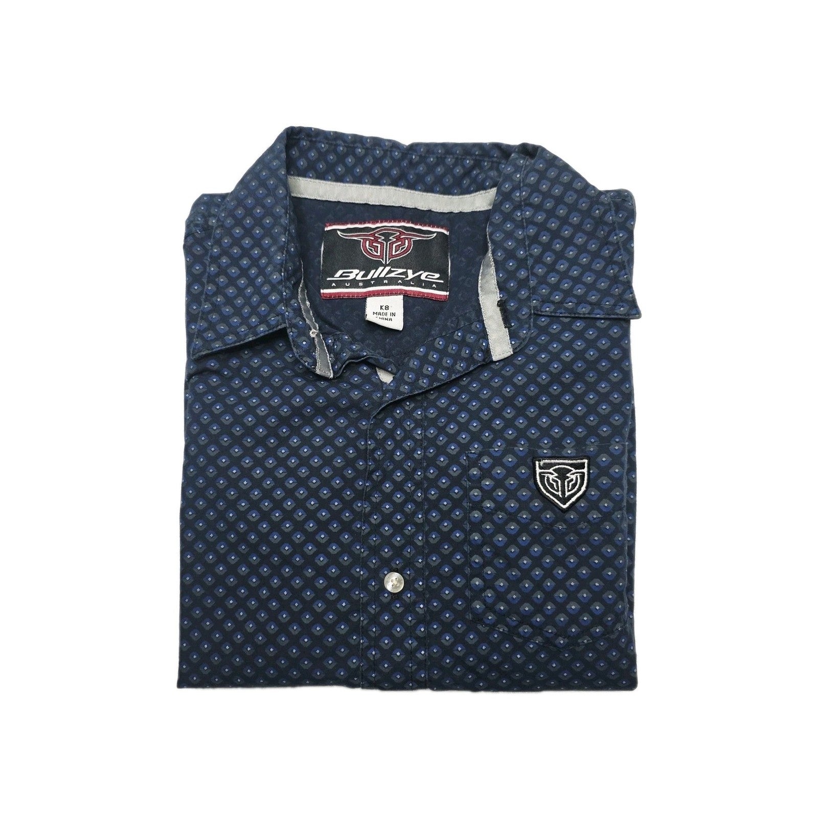 Bullzye Shirt Boys 8 Blue Long Sleeve Button Up Cotton Logo Geometric Print