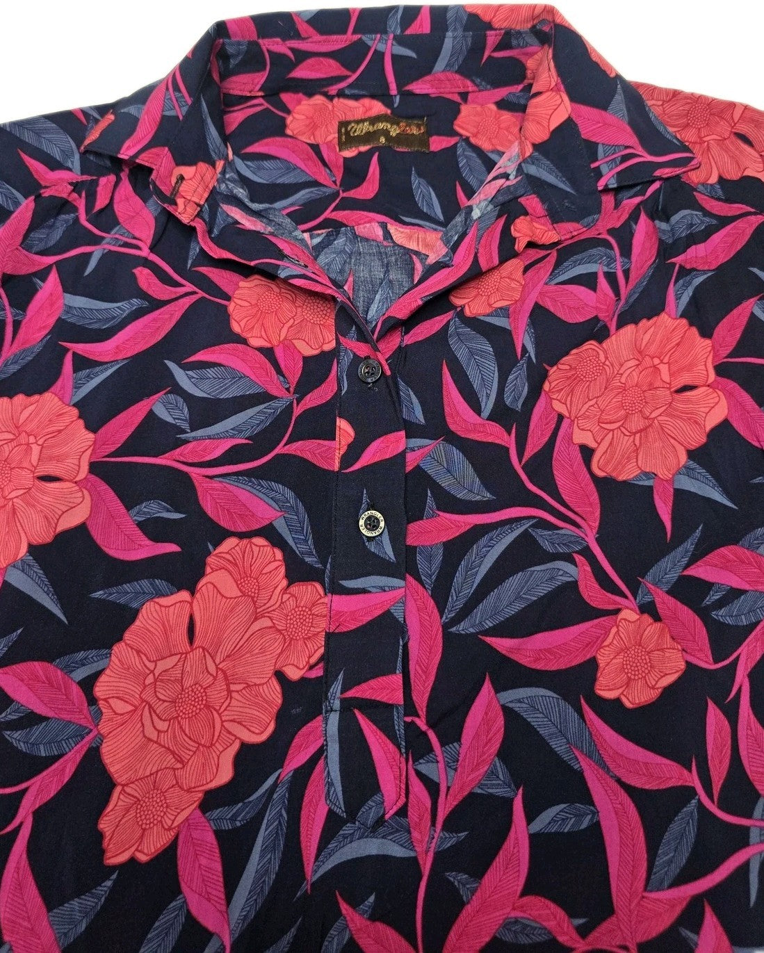 Wrangler Shirt Womens 8 Blue Floral Button Up Collared Embroidered Summer Casual