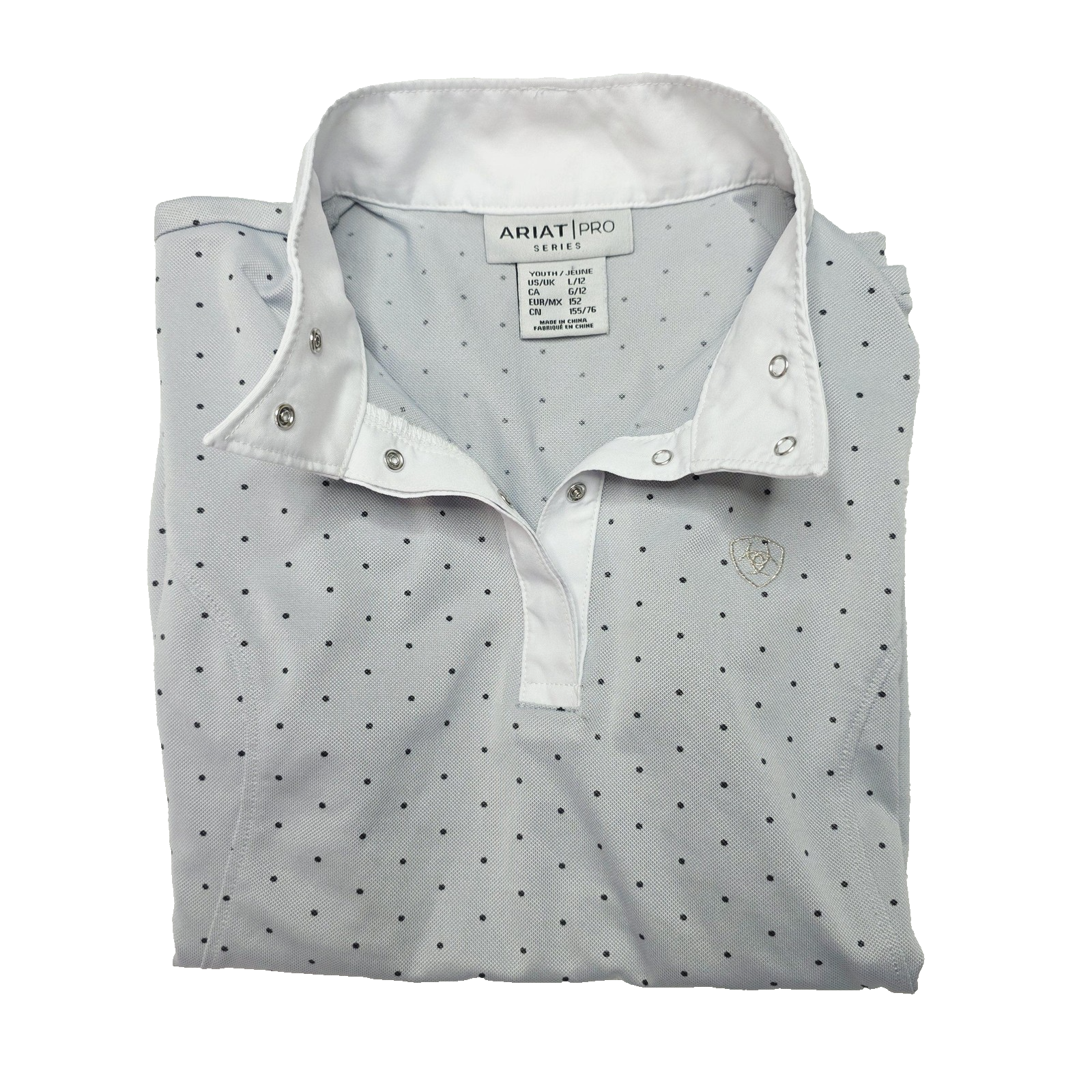 Ariat Polo Shirt Girls 12 Grey Short Sleeve Snap Riding Pro Series Polka Dot