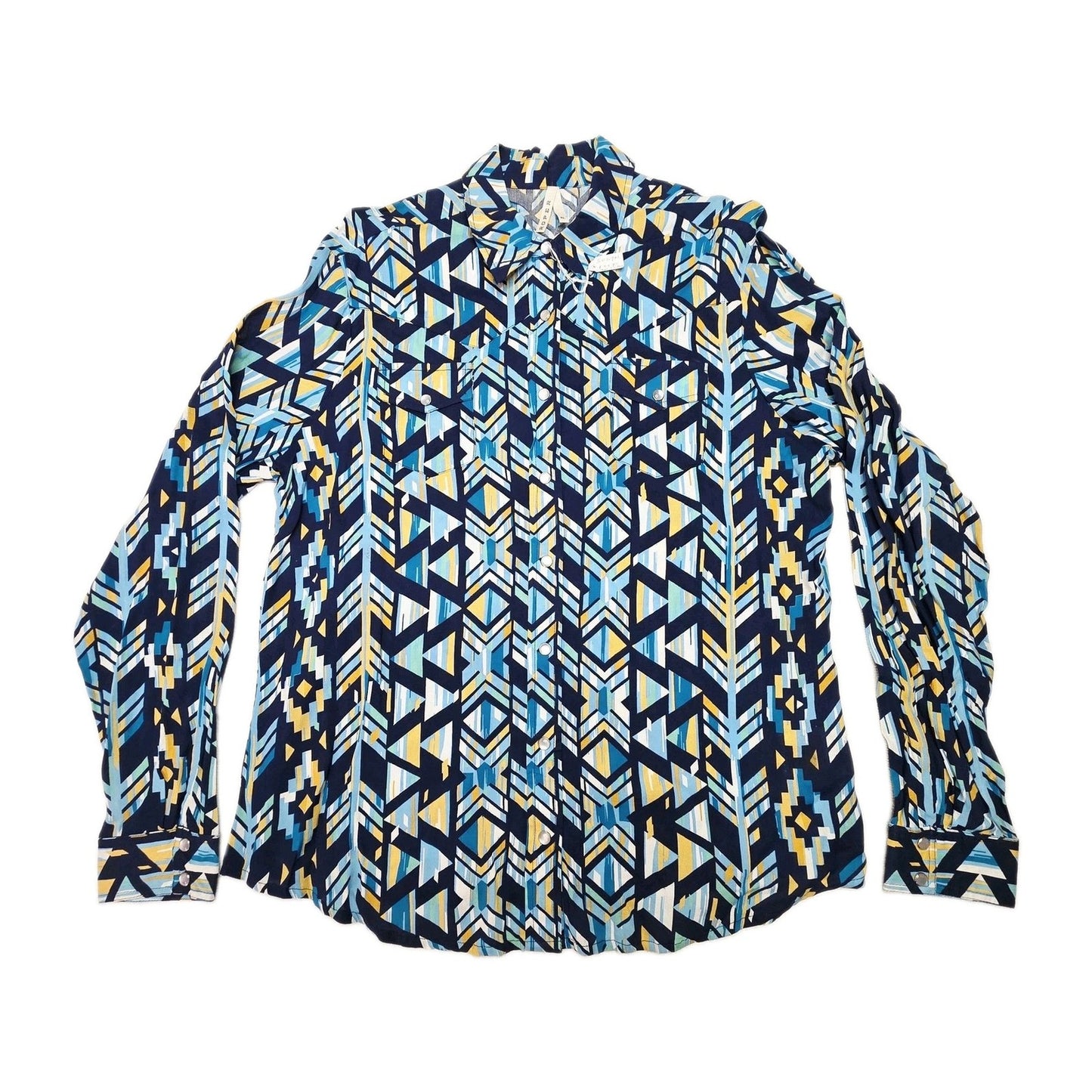 Roper Shirt Women's XL Blue Long Sleeve Snap Button Up Rayon Geometric