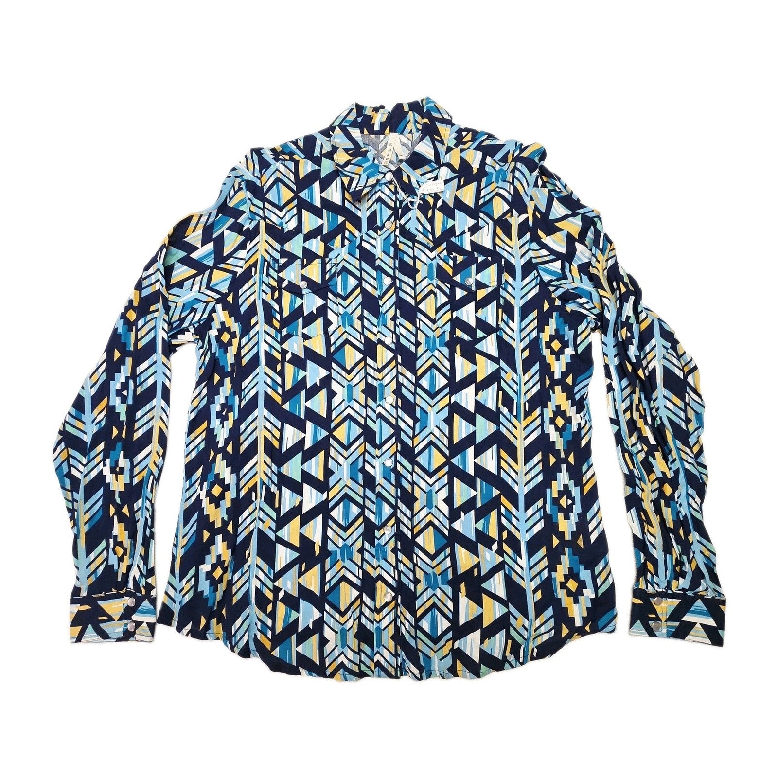 Roper Shirt Women's XL Blue Long Sleeve Snap Button Up Rayon Geometric