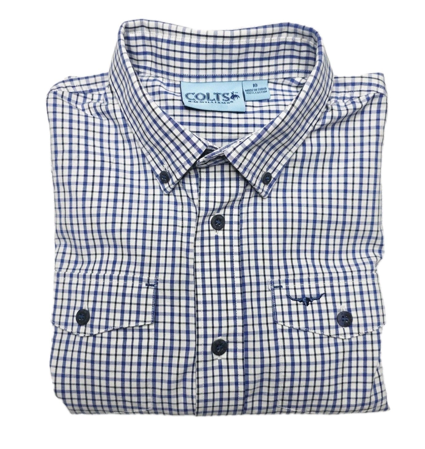 R.M. Williams Colts Shirt Boys 10 Blue Gingham Long Sleeve Button Up Pockets
