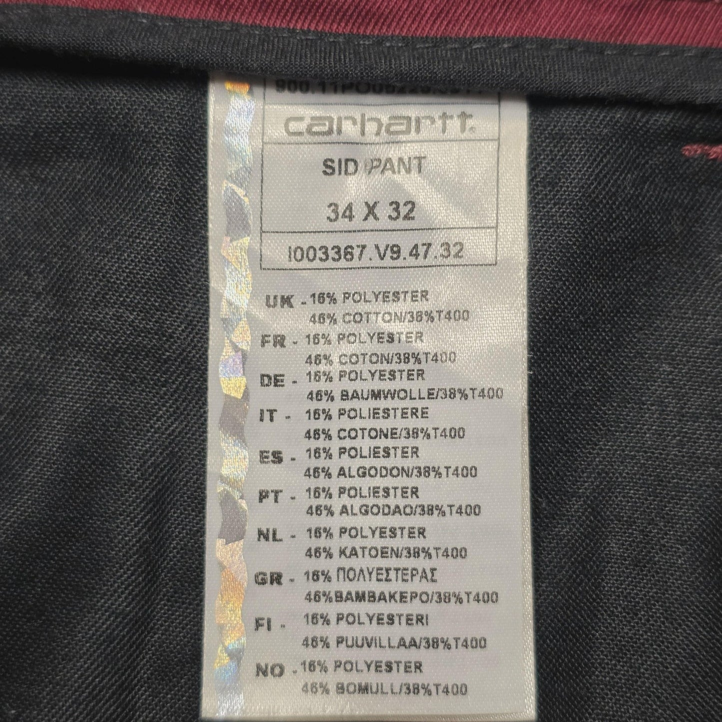 Carhartt Sid Pant Jeans Men's 34x32 Maroon Slim Tapered Stretch Cotton Zip Fly