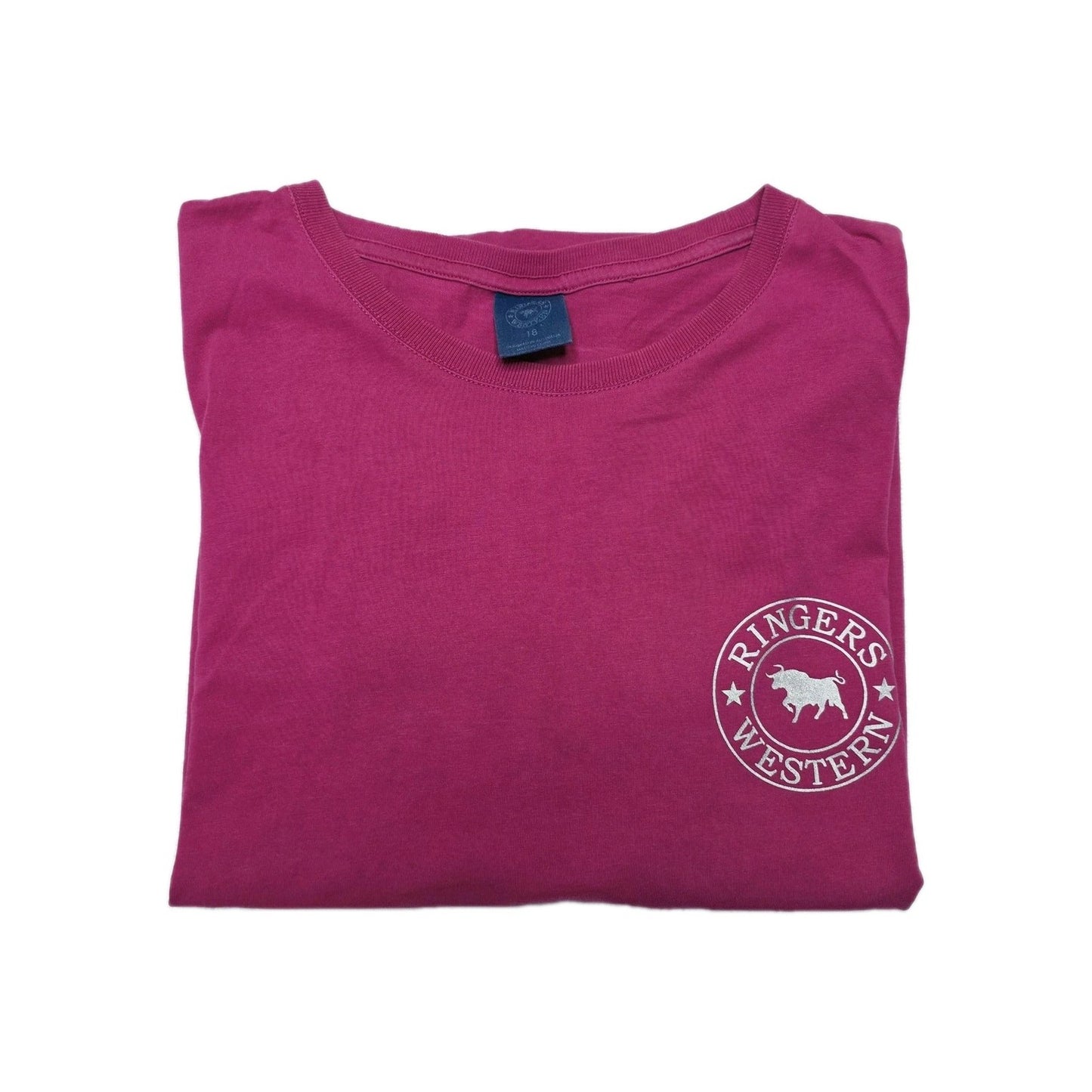 Ringers Western T-Shirt Women's 18 Pink Logo Back Print Cotton Casual Top