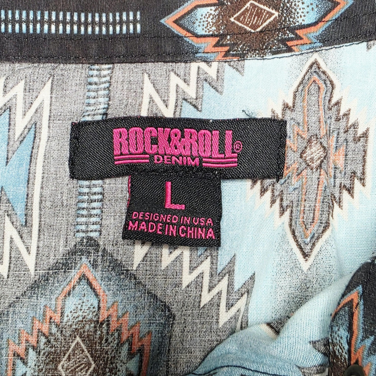 Rock & Roll Denim Shirt Women's L Blue Long Sleeve Snap Button Up Aztec Western